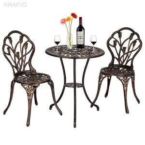 Avrupa tarzı döküm alüminyum açık 3 adet lale bistro masa ve sandalyeler bronz bahçe bar mobilya setleri