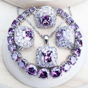 Sets Purple Zirconia Women Bridal Jewelry Sets Silver 925 Fine Costume Jewellery Wedding Earrings Rings Bracelets Pendant Necklace