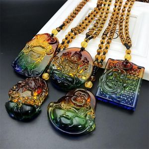 Collane con ciondolo Collana di amuleto fortunato di Buddha intagliato con cristallo colorato naturale unico di alta qualità per gioielli con ciondoli di maglione da donna