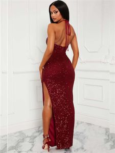 Casual Dresses Idress Women's Formal Sequin Halter Split bodycon Evening Cocktail Long Dress Sexig Robe Femme Backless Birthday Party