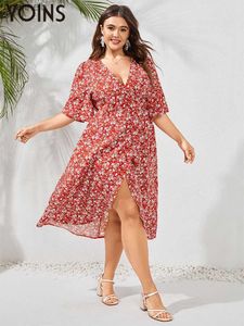 Casual Dresses YOINS Plus Size Bohemian Floral Print Midi Kleid 2023 Sommer Frauen Kurzarm Party Vestidos V-ausschnitt Casual Wrap Schlitz lange Robe L230520