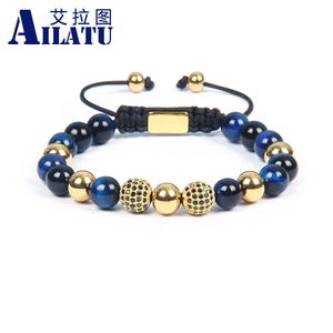 Bangle Ailatu 10 Pieces Fashion Black Cz Braiding Bracelet Men Gift Natural Blue Tiger Eye Stone Jewelry Stainless Steel Beads