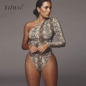 Kvinnor Jumpsuits Rompers Yiduo One Shoulder Fashion Snake Print Sexiga bodysuits Kort romper Jumpsuit Slim Long Sleeve Female Leopard Body Mujer 230520