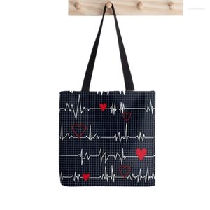 Shopping Bags Women Shopper Bag Heartbeat On Navy Kawaii Harajuku Canvas Girl Handbag Tote Shoulder Lady