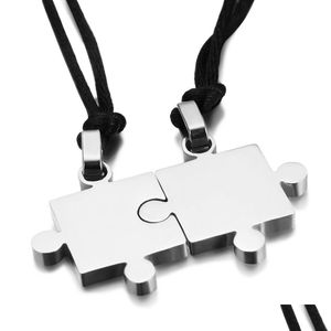 Pendant Necklaces 2Pcs/Set Fashion Smooth Jigsaw Puzzle Necklace For Women And Men Black Rope Stainless Steel Couple Lovers Gift Dro Dhrnd