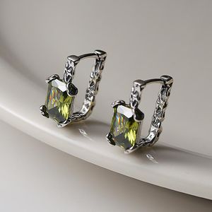 Huggie Silvology 925 Sterling Silver Square Olive Green Zircon Hoop Earrings for Women Vintage Do The Old Texture Unique Punk Jewelry