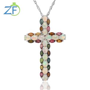 Halsband GZ Zongfa Real 925 Sterling Silver Cross Pendant For Women Natural Opal Tourmaline Mixed Color Gems 3.7CT Halsband Fina smycken