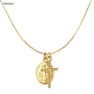 Necklaces Kikichicc 925 Sterling Silver Rock Punk Cross Oval Women Image Coin Pendant Necklace Long Chain Luxury Crystal Women Jewelry