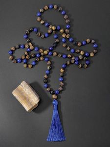 ネックレスOaiite 8mm Lapis Lazuli Tiger Eye Stone Knotted Necklace Meditation Yoga Jewelry 108 Mala Beadsロザリオネックレス