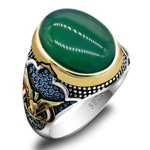 Ringar S925 Sterling Silver Men's Green Agate Ring Men's Large Natural Stone Ring Retro Punk Jewelry Men No. 713