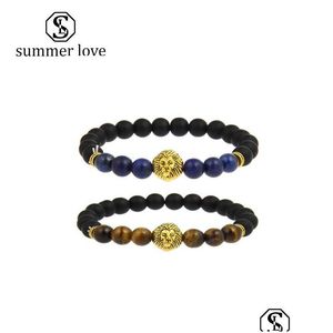 Beaded Arrival 8Mm Matte Black Beads Bracelet For Women Men Handmade Tiger Eye Lion Head Charm Fashion Jewelry Gift Drop Delivery Bra Dha5G