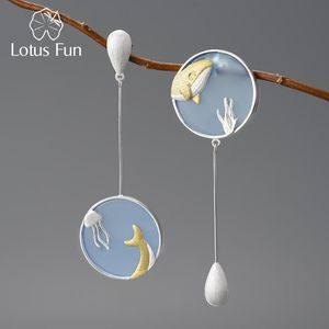 Stud Lotus Fun Agate Exclusive Gemstone Underwater World Whale Asymmetrical Long Drop Earrings for Women 925 Sterling Silver Jewelry