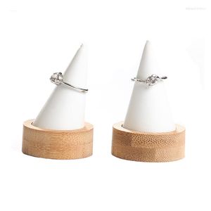 Jewelry Pouches Bamboo White PU Fingertip Oblique Cone Ring Display Stand Case Holder Showcase Storage