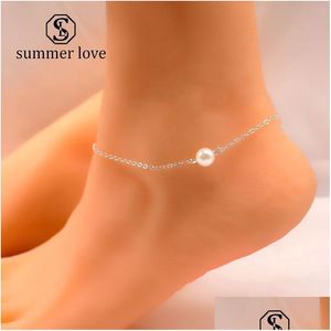 Anklets mode Simple Pearl Pendant Anklet Armband For Women Böhmen Gold Sier Creative Foot Chain Designer Drop Delivery Jewely Dhiej