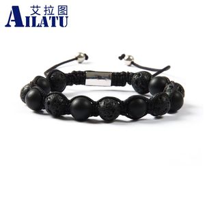 Bangle ailatu grossist 10 st/parti 10mm högkvalitativ lava stensten med naturlig matt onyx pärlor makramarmband för mäns gåva