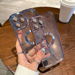 Soft Silicone Phone Case Transparent Magnetic Fashion Lens Film Plating Leak Label For iPhone 14 13 12 11 Pro Max X XR XS 7 8 Plus