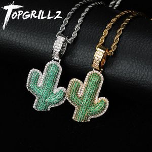 Necklaces TOPGRILLZ Iced Out Cactus Pendant Necklace Newest AAA Green Cubic Zircon Men's Charms Necklace Fashion Plant Hip Hop Jewelry