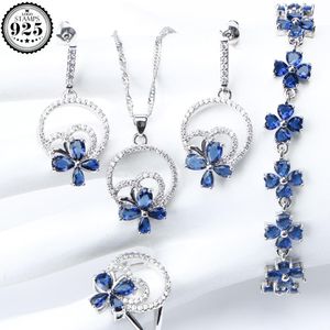 Set Matrimonio Argento 925 Set di bigiotteria Set di gioielli da donna Bracciale con zirconi blu Anello Collana con ciondolo Orecchini Set Confezione regalo