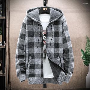 Men's Sweaters 2023 Winter Men's Plaid Fleece Cardigan Hooded Coat Male Zipper Knitted Thick Warm Knitwear Comfortable Clothes