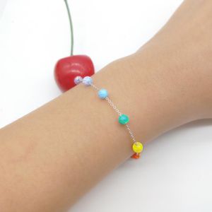 Pulseira 1pc de moda opala arco -íris 7 cores 4mm de bracelete opala bola redonda de bola/contas com 925 prata o cadeia/cadeia de caixas