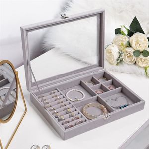 Boxes Velvet Stackable Jewelry Display Jewelry Organizer Box Portable Ring Earrings Necklace Storage Box with Transparent Glass