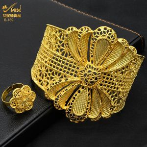 Bangle Aniid Dubai Luxury Female Gold Color Bangles With Rings for Women Nigerian Wedding Jewelry Gifts Indian Plated Cuff Big Bangles
