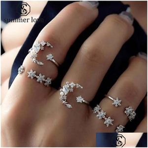 Anéis de banda Moda 5 PCs/set Bohemian Moon Star Rhinestone Crystal Open Ring Anel para mulheres Retro Hollow Jewelry Wedding Anniversary Dheun