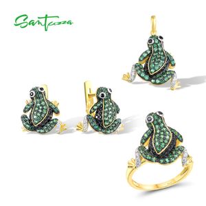 Sets SANTUZZA Pure 925 Sterling Silver Jewelry Set For Women Green Spinel White CZ Earrings Ring Pendant Set Frog Animal Fine Jewelry