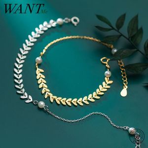 Bangle WANTME Echt 925 Sterling Zilver Boheemse Charmes Ronde Bangle Kralen Parel Blad Armband voor Vrouwen Party Goth Accessoires Sieraden