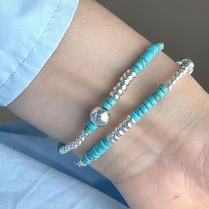 Bangles gerçek 925 Sterling Gümüş Boncuk Top Bilezikleri Kadın Zinciri Güzel Takı Moda Turkuaz El Boncuk Bileklik Kadın