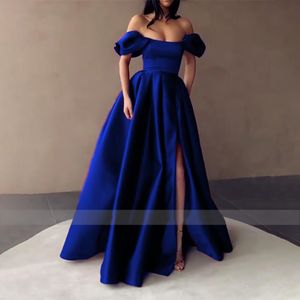 로얄 블루 새틴 댄스 파티 드레스 어깨 분할 이브닝 드레스 끈으로 묶음 A- 라인 롱 파티 밤 공식 가운