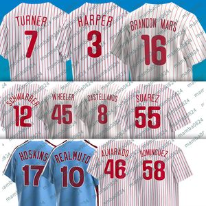 3 camisas de beisebol de Harper Phillies Trea Turner Jose Alvarado Seranthony Dominguez Nick Castellanos Ranger Suarez Zack Wheeler Cristian Pache Aaron Nola