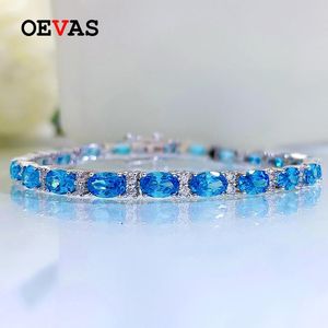 Bangles OEVAS 100% 925 Sterling Silver Aquamarine High Carbon Diamond Bracelet For Women Sparkling Luxury Wed Party Fine Jewelry Gifts