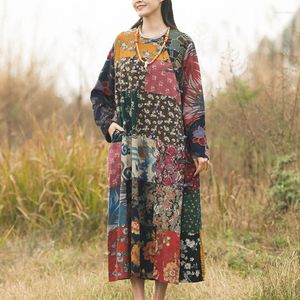 Casual Dresses Johnature Women Print Patchwork Vintage Cotton Linen Soft Fall Cheongsam 2023 Långärmad kläder Löst klänning