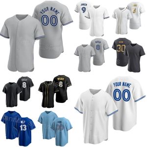 Niestandardowy baseball 30 Alejandro Kirk Jersey 13 Brandon Belt 9 Danny Jansen 8 Cavan Biggio 5 Santiago Espinal 15 Whit Merrifield Niebieski biały szary czarny mężczyzna Kids L-N