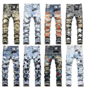 Designer maschile jeans in difficoltà bicchetta per motociclisti strappati jeans lussuoso slim fit motociclettiera jeans per uomo