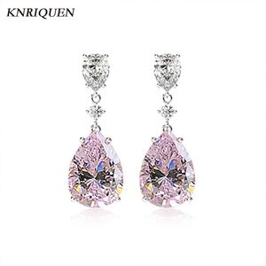 Knot Charms 100% 925 STERLING Gümüş 10*14mm 10 CT Pembe Kuvars Laboratuar Elmas Damla Küpeler Kız Arkadaşı Güzel Takı Hediye Toptan Satış