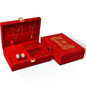 Lådor Tre guldsmycken Box Wedding Highend Gold Jewelry Storage Box Red Velvet Dragon och Phoenix Armband Set Dowry Box