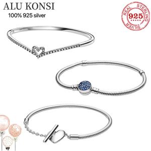 Bangle New Hot Sale 100% Real 925 Sterling Silver Pan Love Heart Blue Crystal Armband For Women Fit Original Charms Bangle DIY SMYCKE