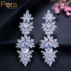 Knot Pera Luxury Marquise White Cubic Zirconia Stone Long Big Statement Dangling Flower Drop Wedding Earrings Jewelry for Brides E139