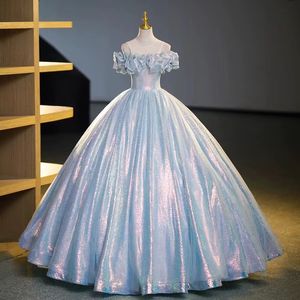 Light Sky Blue sequined Ball Gown Quinceanera Dresses Lace Sequined Off The Shoulder Prom Gowns Tiered Sweep Train Tulle Sweet 15 Masquerade Dress Sweet 16 Dress
