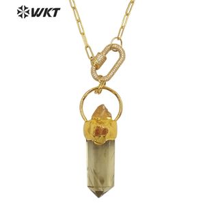 Necklaces WTN1273 Unique gold electroplated yellow crystal stone big pendant necklace women Chunky Citrines raw stone necklace