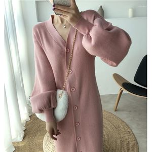Casual Dresses Women Sweater Dress Sexy V Neck Lantern Sleeve Single Breasted Knitted Midi Elegant Solid Soft Winter Clothes Office Lady