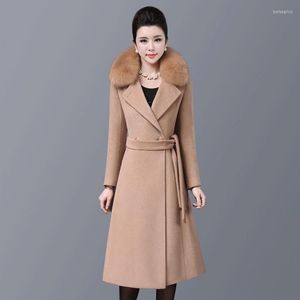 Women's Wool Double Breasted Over The Knee Woolen Coat Female Military Style Winter Thick Was Thin Cashmere Warm Coats With Belt F242