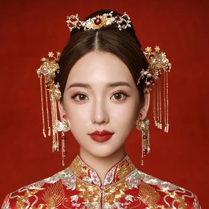 Sets Bride Wedding Hair Jewelry Sets Gold Color Metal Hairpins Clips Flower Hair Sticks Forks Earrings for Women Girls Chinese Hanfu