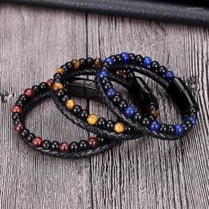 Bracelets de link Moda de 6 mm Tiger Eye Stone Stoned Breaded Bracelet para homens Mulheres charme de couro genuíno aço inoxidável jóias de fecho magnético