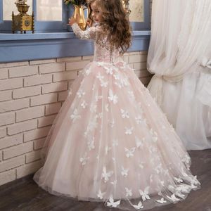 Girl Dresses Holy Communion Ball Gown Long Sleeves Lace Back Button Solid O-neck Flower Vestido De Daminha Arrival