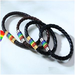 Andere Armbänder Trendy Echtes Leder Armband Männer Frauen Edelstahl Regenbogen Weben Geflochtenes Seil Für Männlich Weiblich Freundschaft Bang Dhlzt