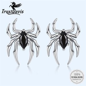 Stud Trustdavis Real 925 Sterling Thai Silver Gothic Black CZ Spider Charm Studörhängen för kvinnor Hallowmas gåva smycken DF081