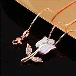 Pendant Necklaces Classic Tulip Flowers Necklace Pink Purple Opal Stone Rose Gold Color Chain For Women Mother Day Gift